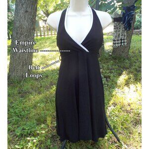 Black Halter Dress w/ White Piping at "Wrap" Neckline...by donutz, inc